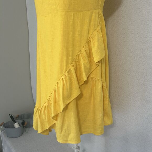 A New Day Dress Women 14 Yellow Linen Ruffle Darts 1 Shoulder Party Salsa NWT - Picture 11 of 15